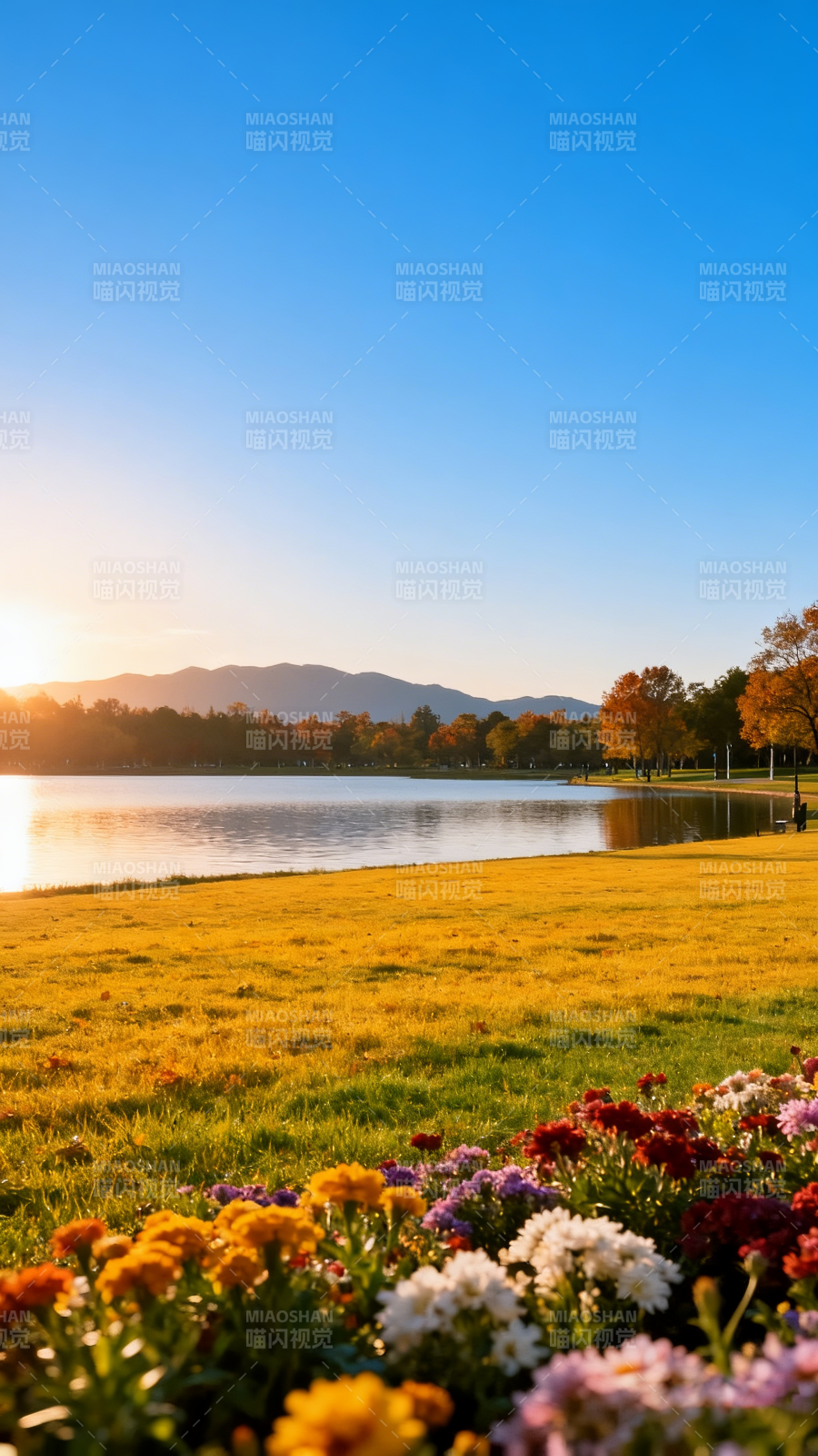 湖畔秋色 花影斜阳图片