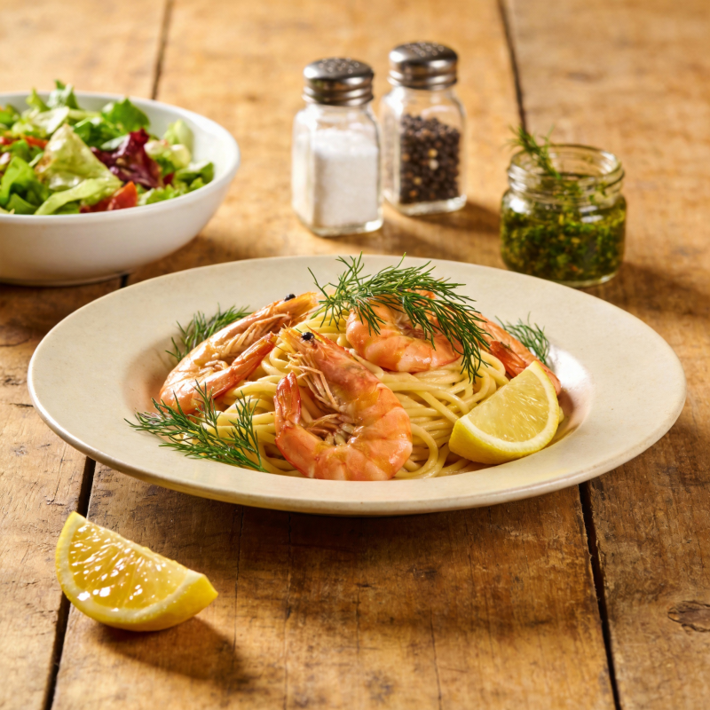 虾仁意面配柠檬图片