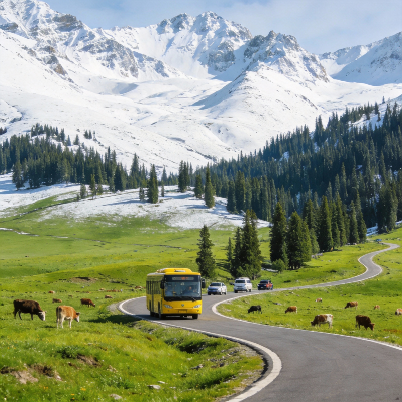 雪山草原巴士行图片