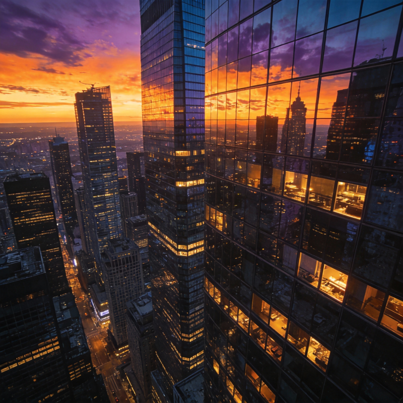 城市暮色映高楼图片