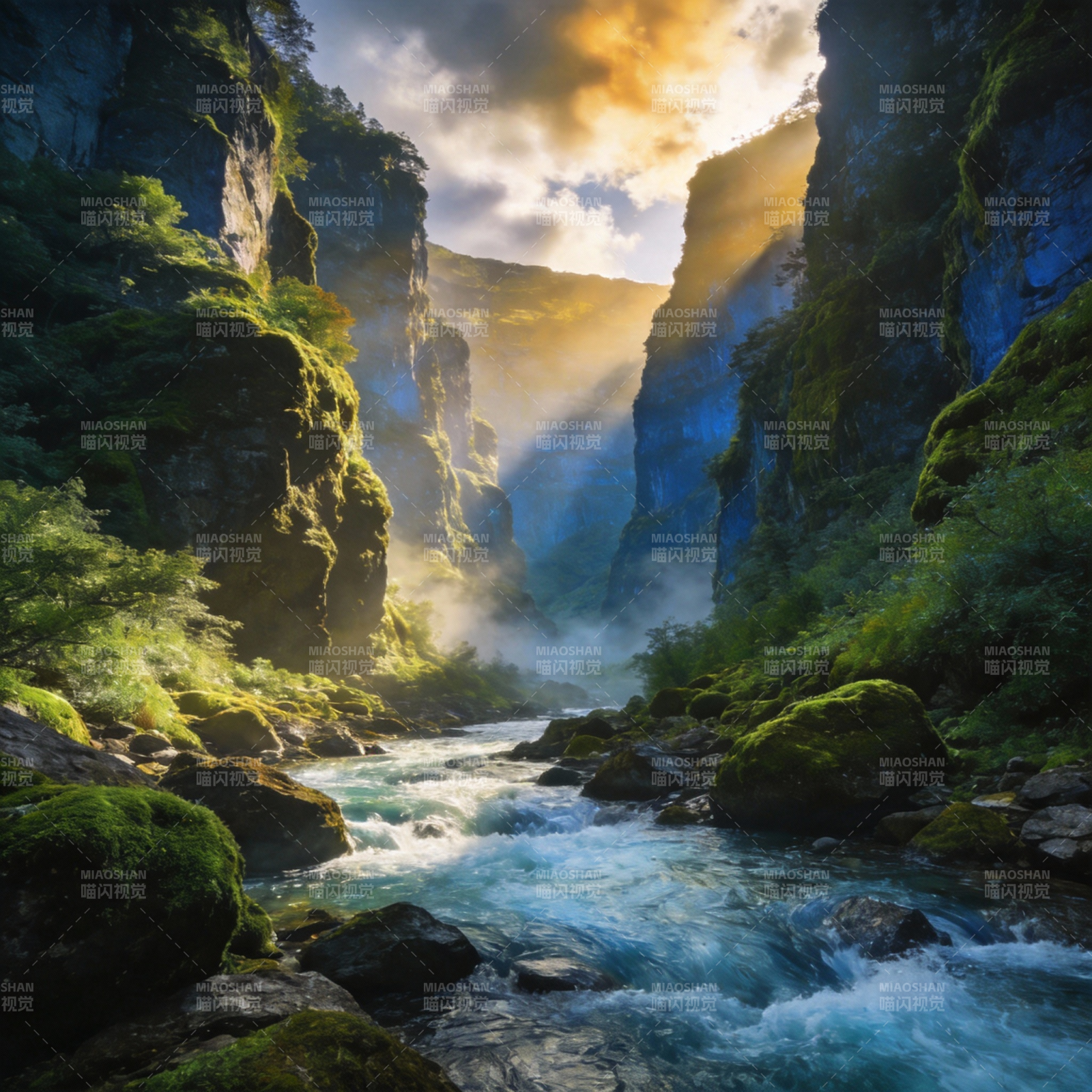 峡谷晨光溪流图片