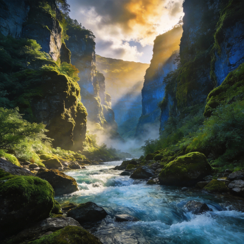 峡谷晨光溪流图片