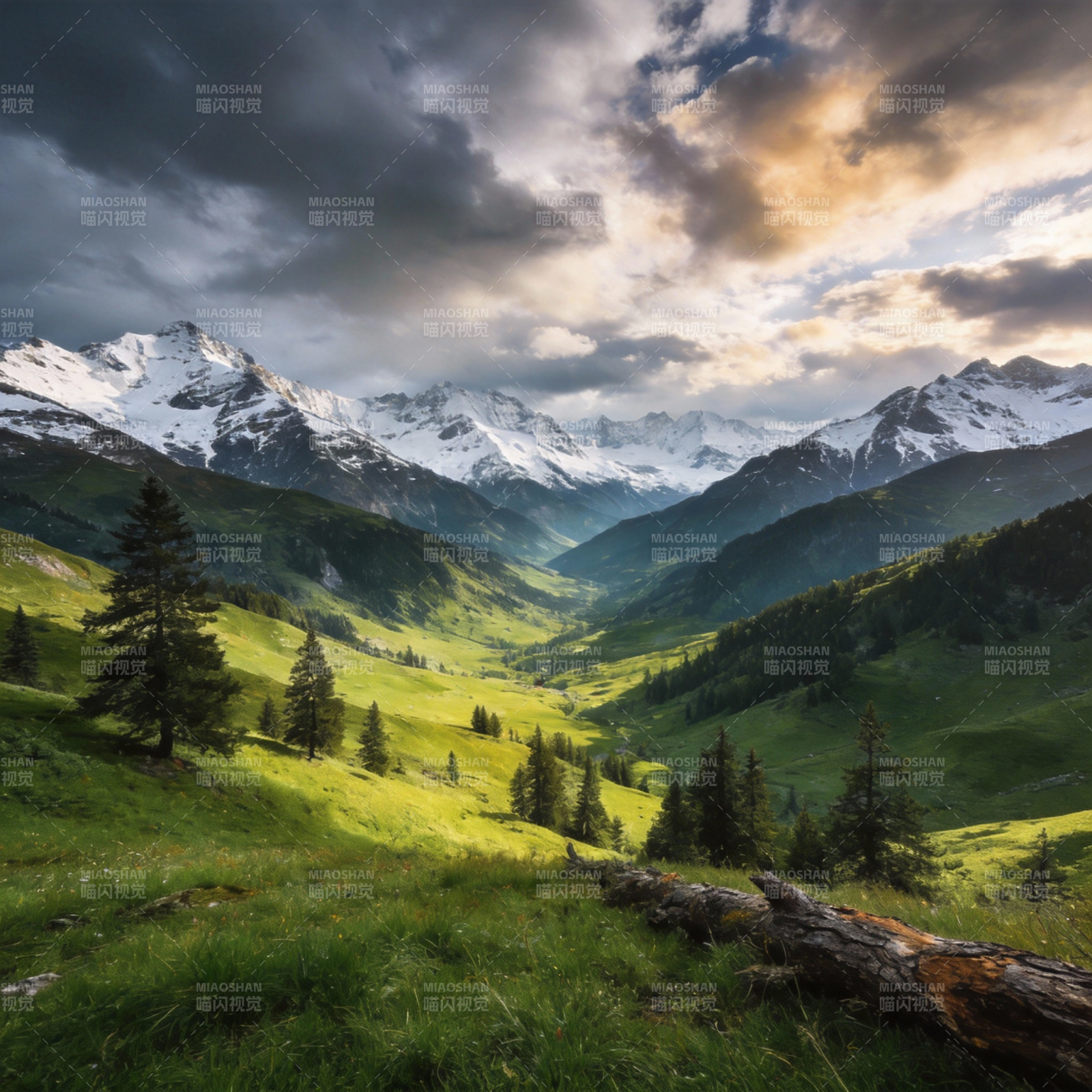 雪山绿谷云影图片