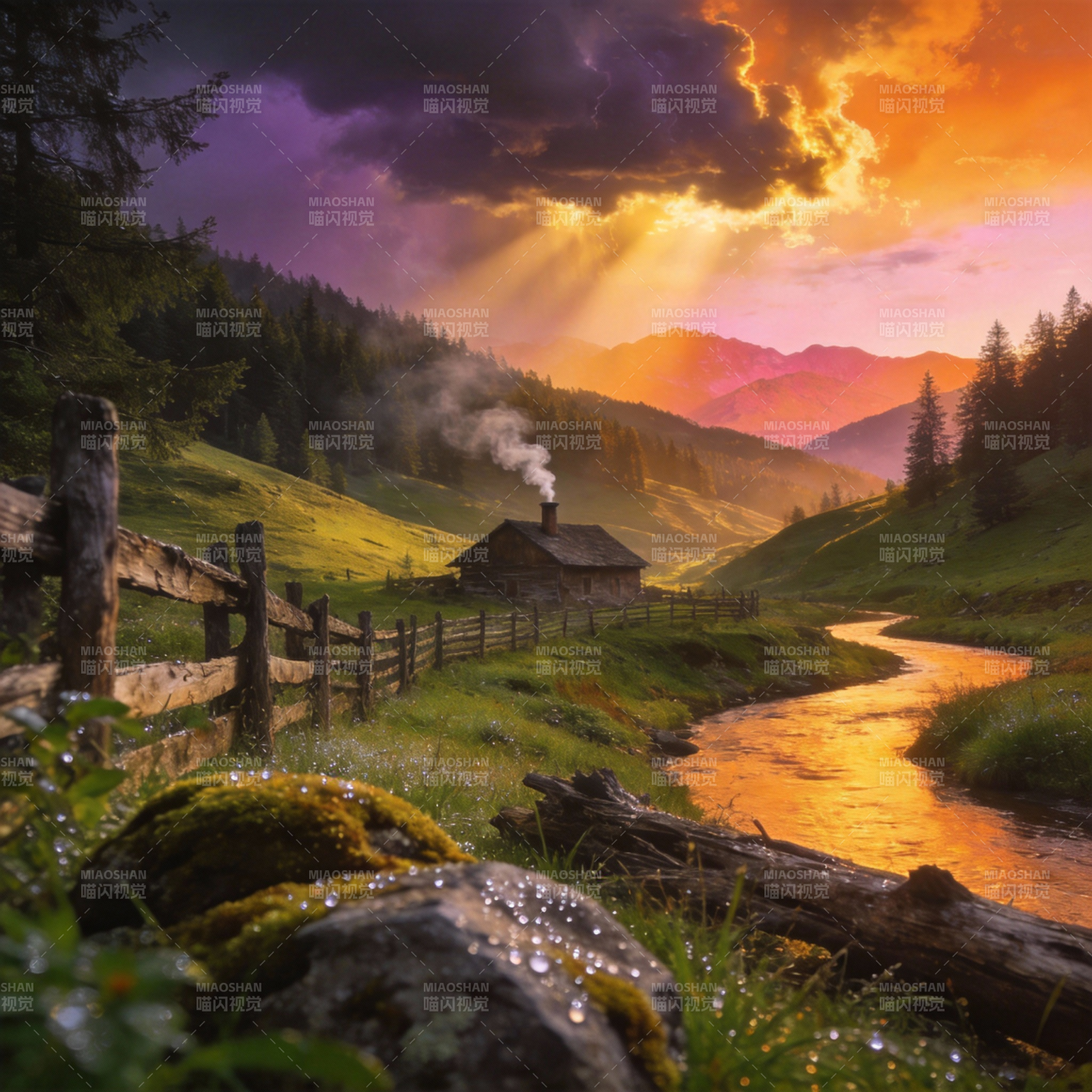 山间暮色溪流图片