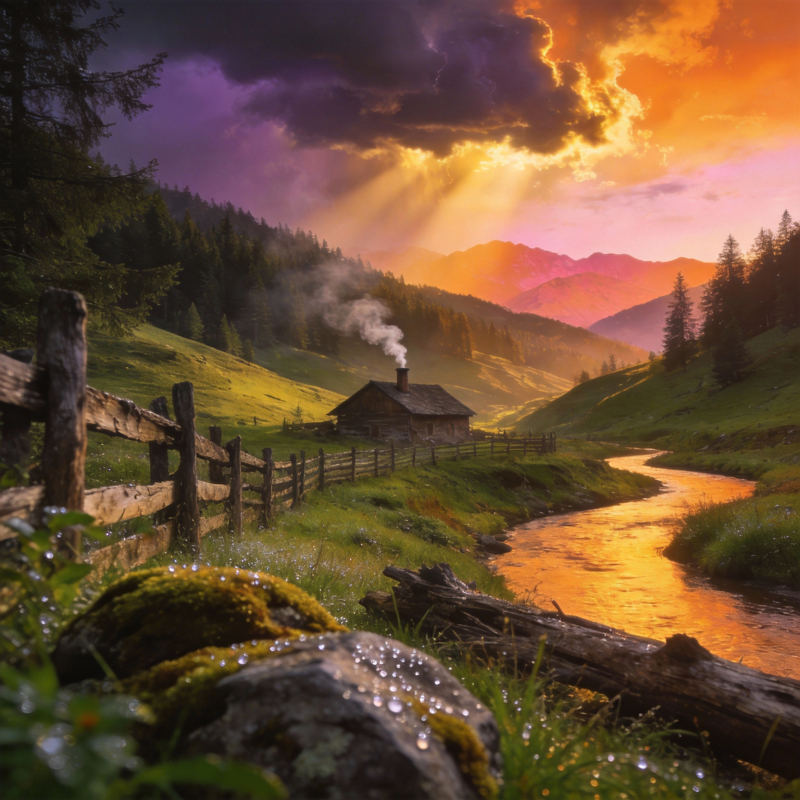 山间暮色溪流图片