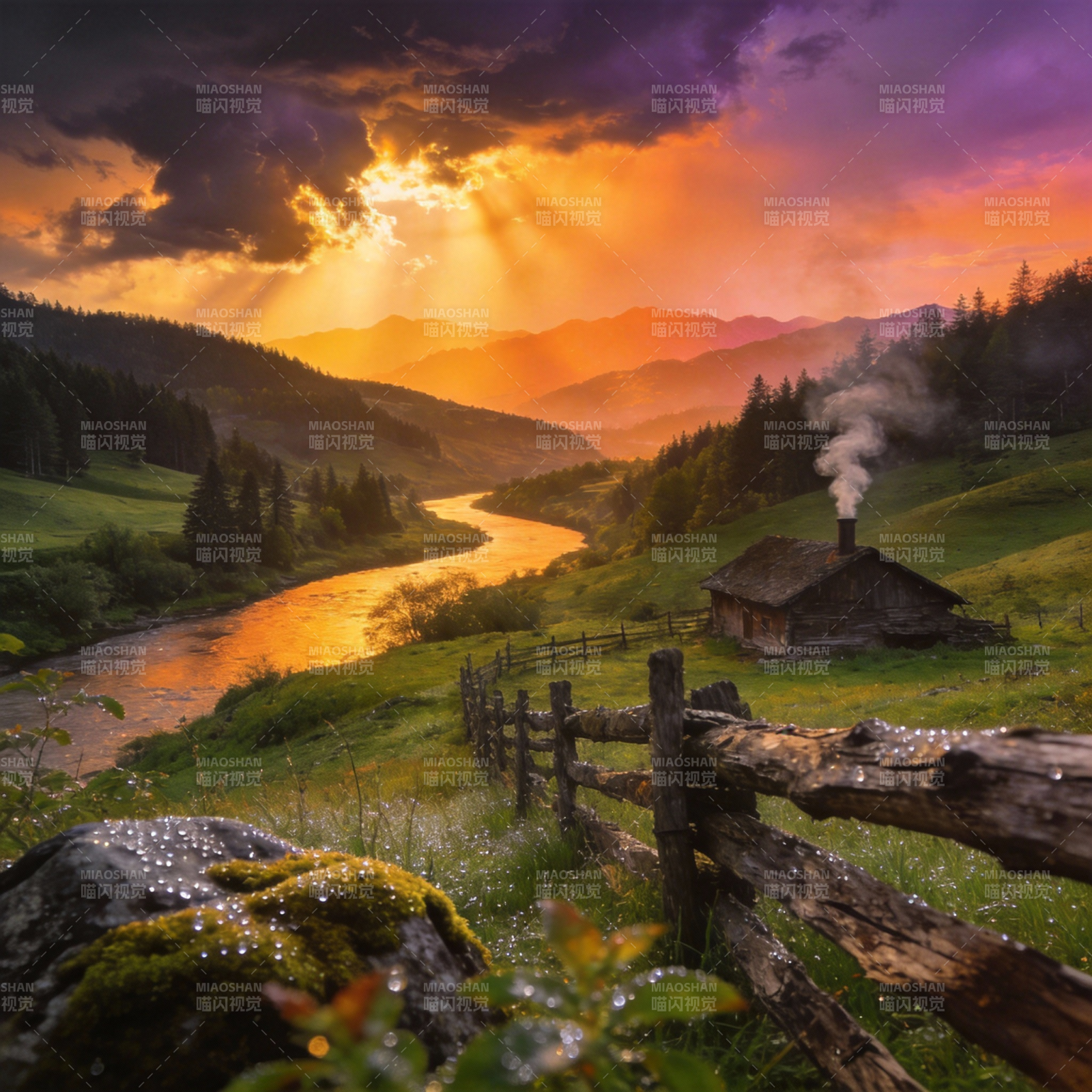 山间暮色小屋图片