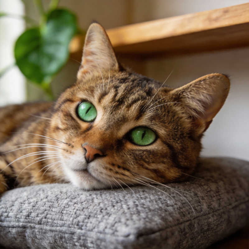 绿眼虎斑猫静卧图片