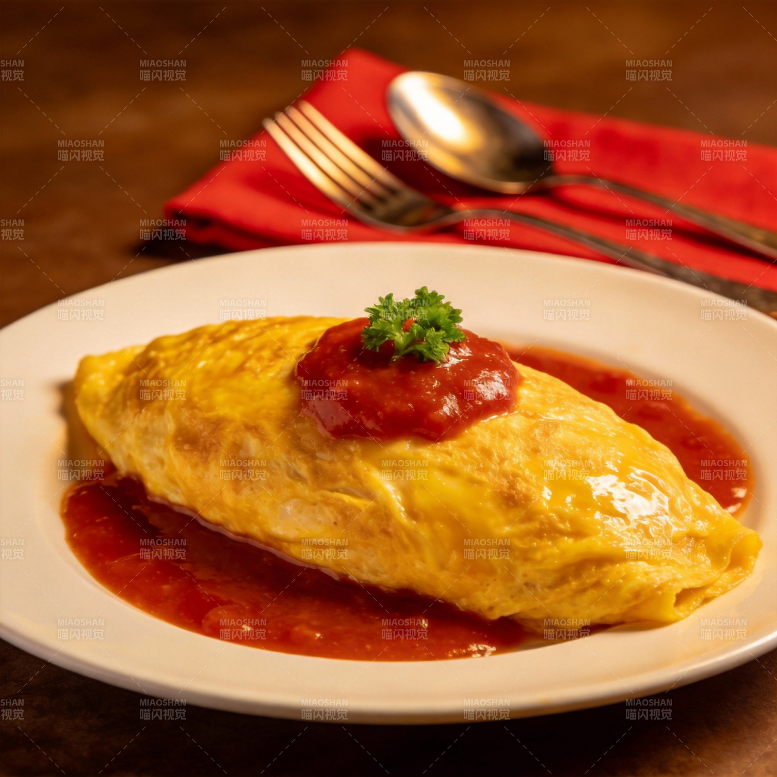 金黄煎蛋卷配番茄酱图片