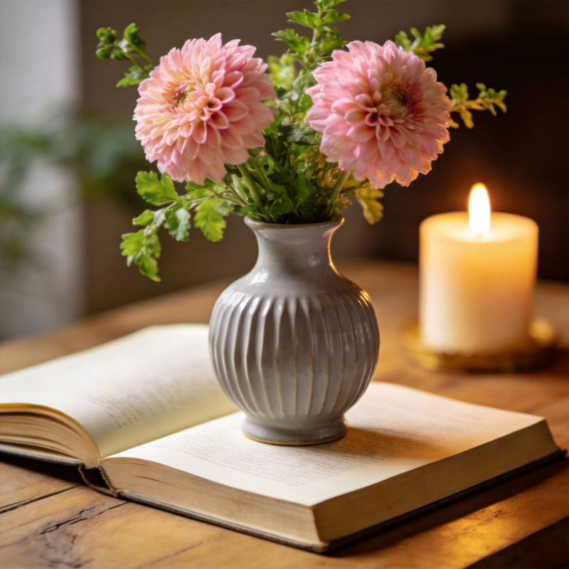 花香书影烛光图片