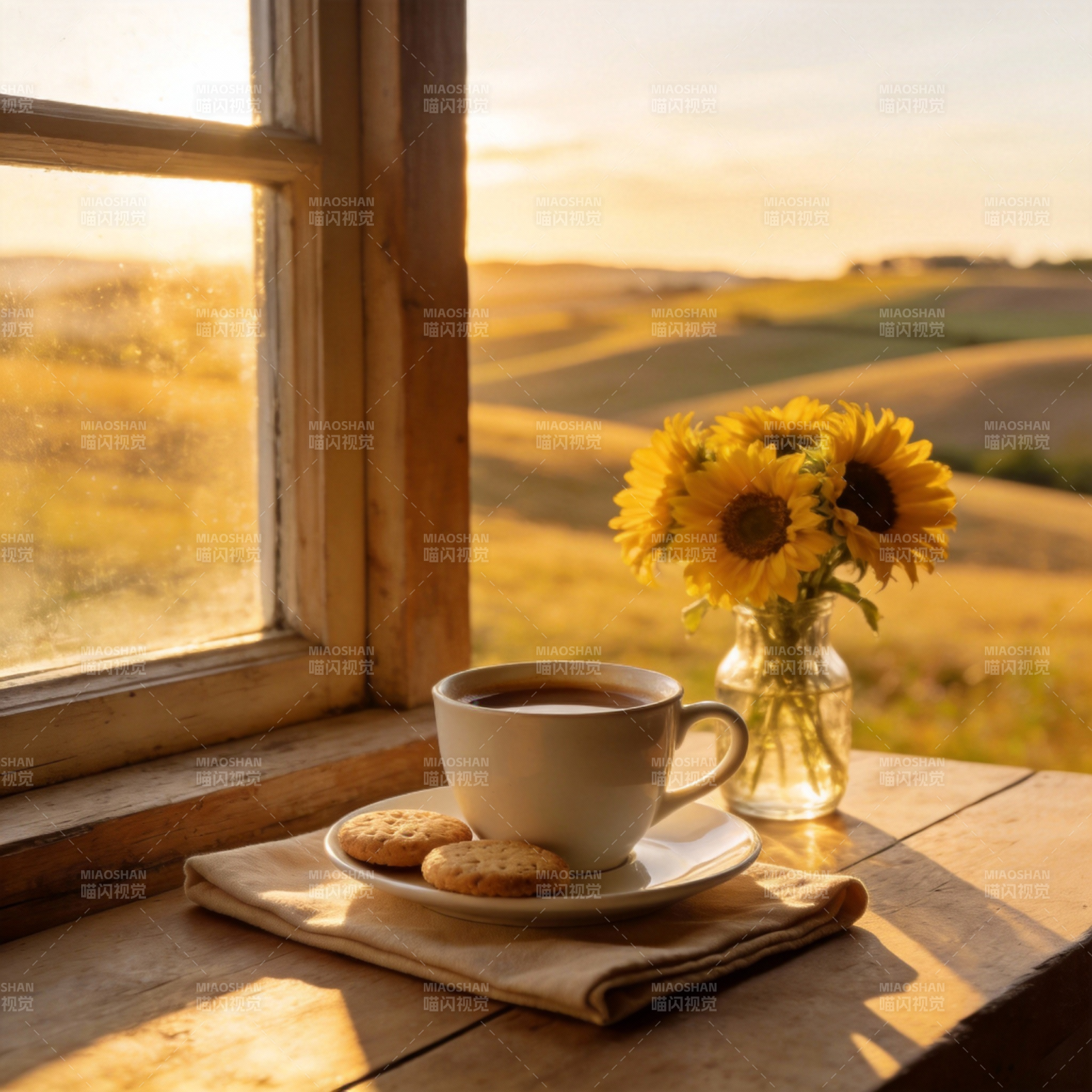 窗边咖啡与向日葵图片