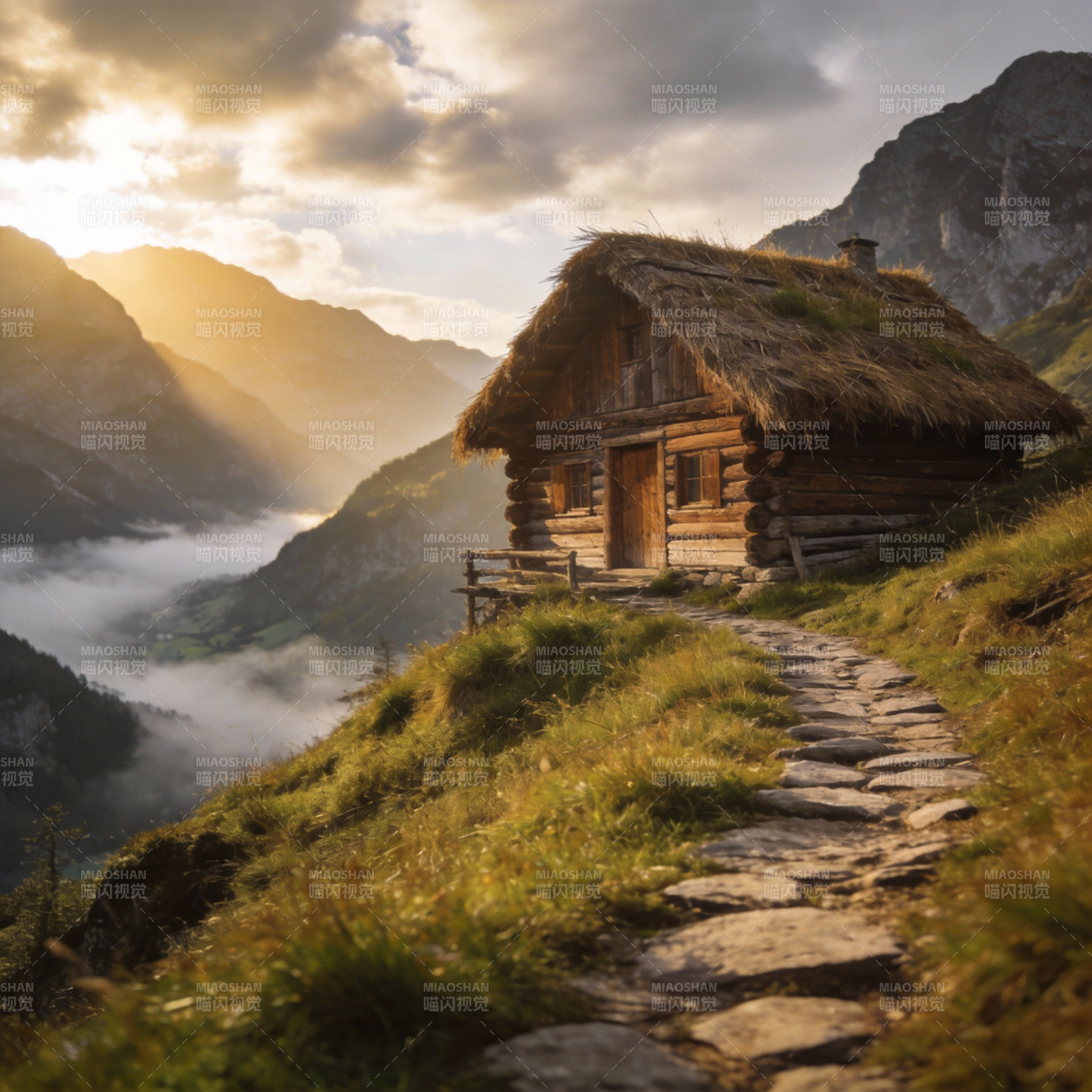山间小屋晨曦图片