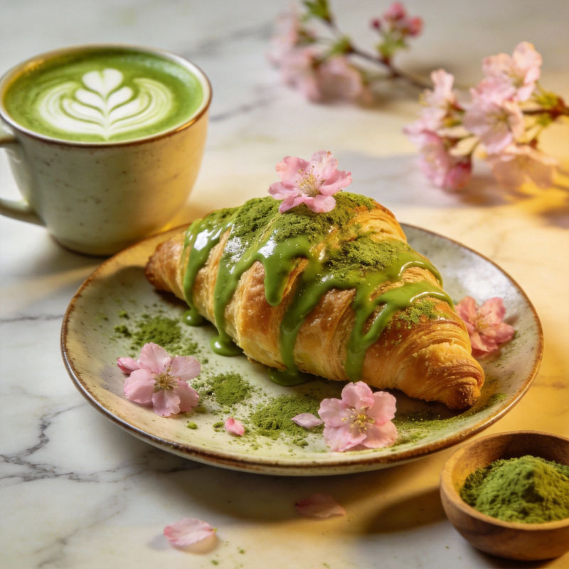 抹茶樱花酥与拿铁图片