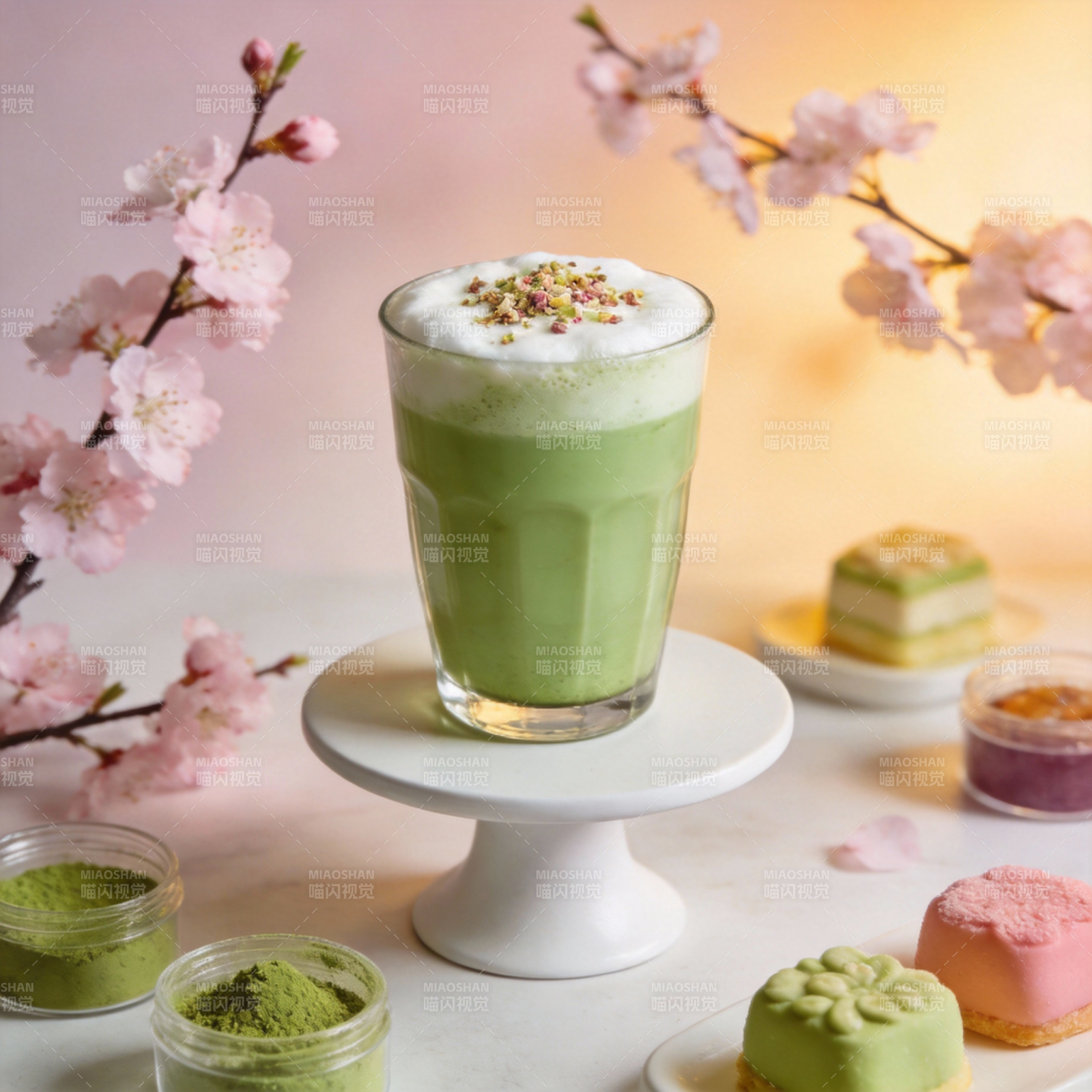 抹茶拿铁赏樱时图片