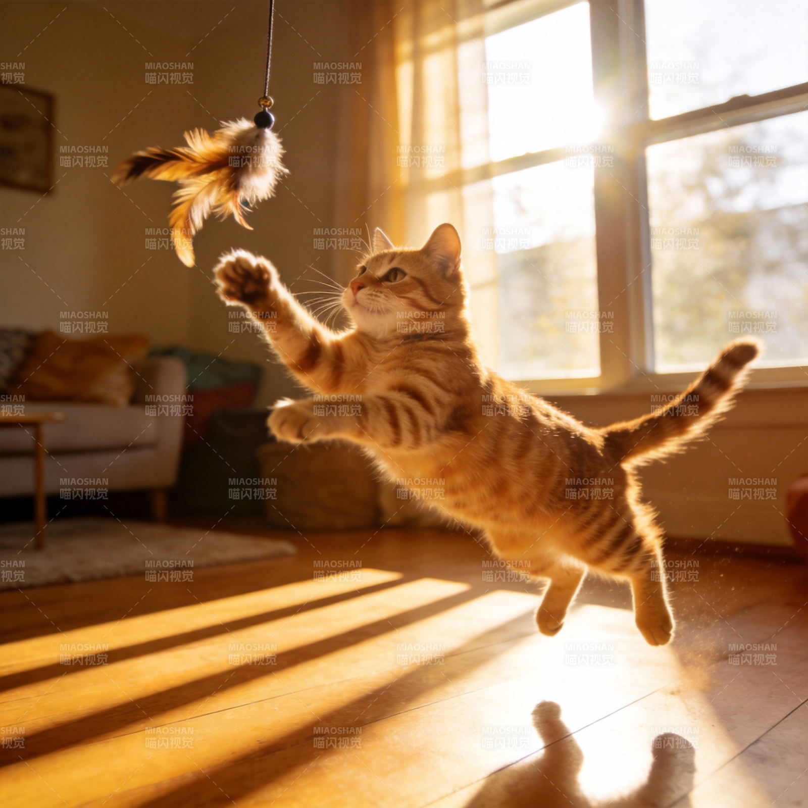 猫咪跃起捕羽玩具图片