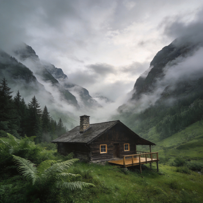 山间小屋云雾缭绕图片