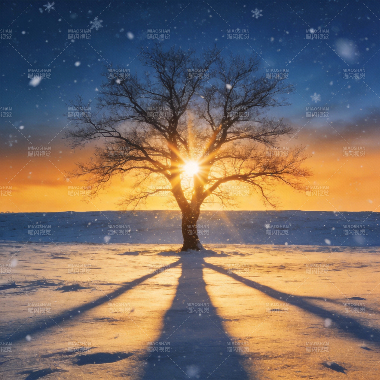 雪地孤树迎朝阳图片