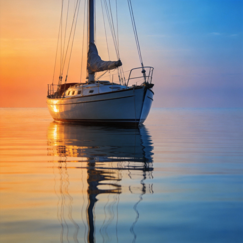 夕阳下的帆船静泊图片