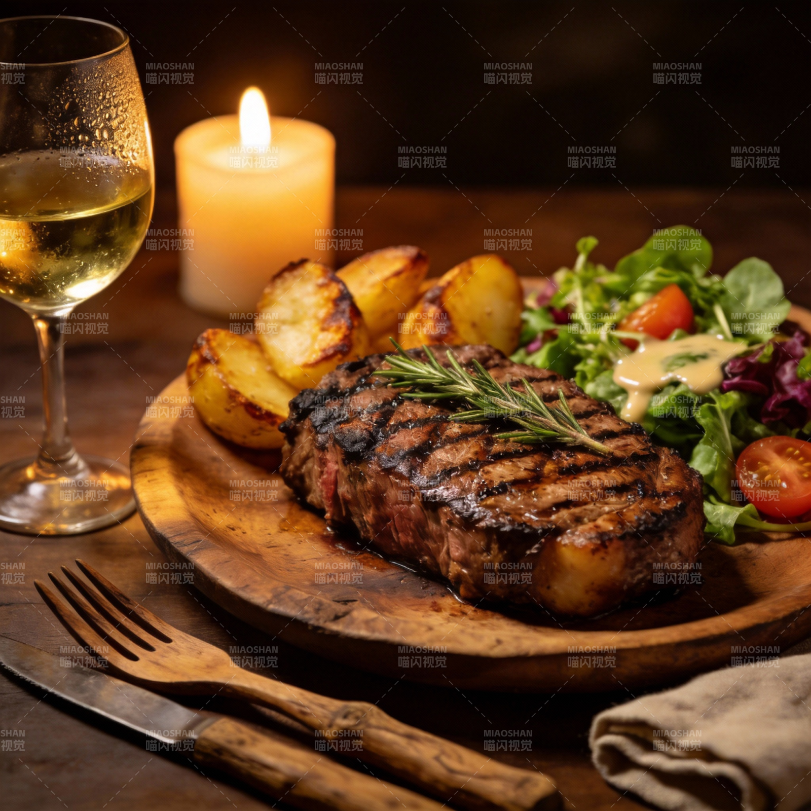 烤牛排配沙拉与酒图片
