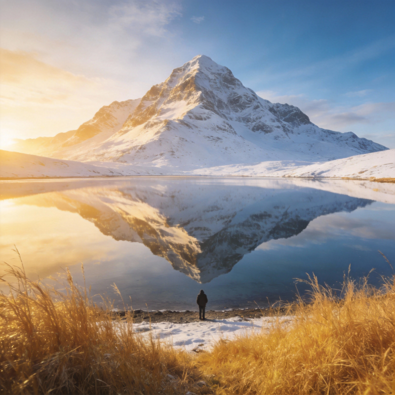 雪山倒影湖畔人图片