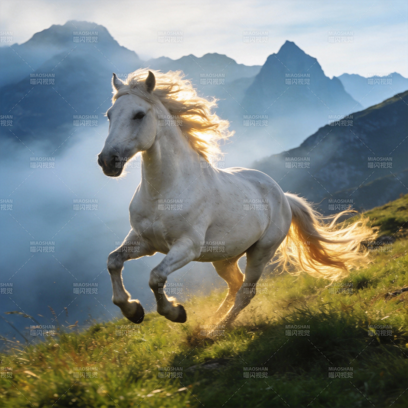白马奔腾山间图片
