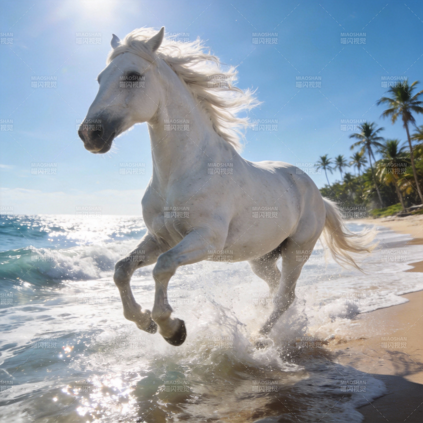 白马奔腾海滩图片
