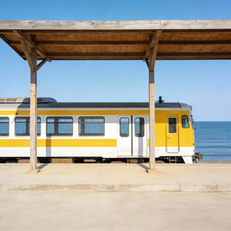 海边小站黄白列车图片