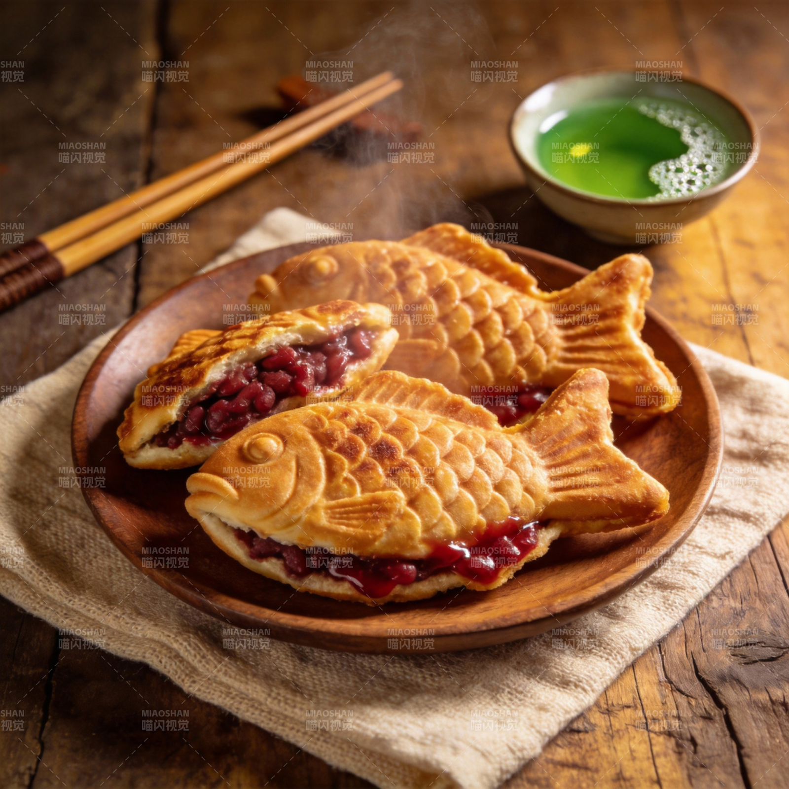 鱼形红豆饼配抹茶图片