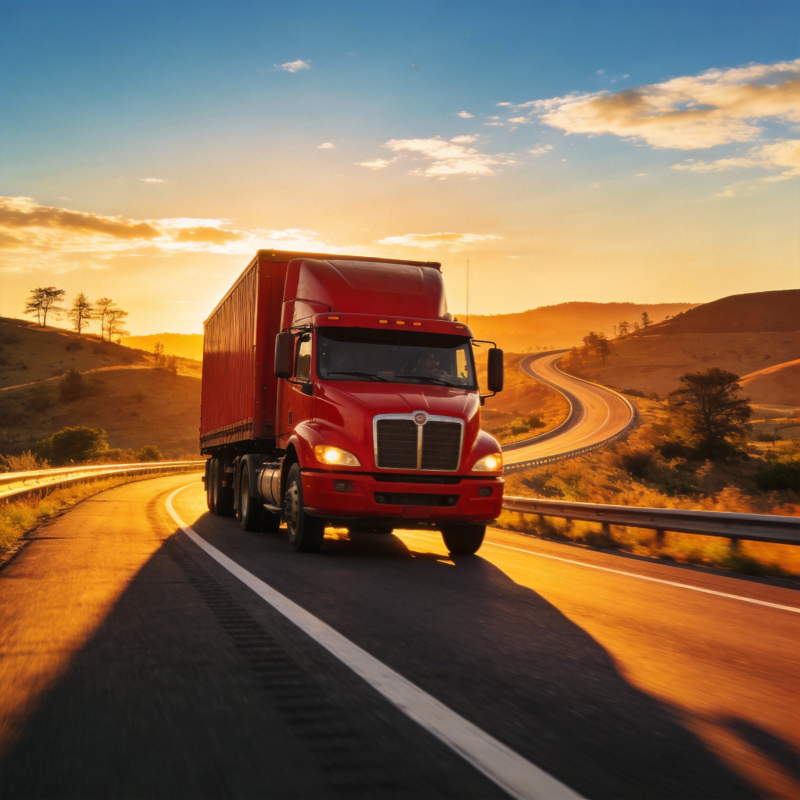 夕阳下的红色卡车图片