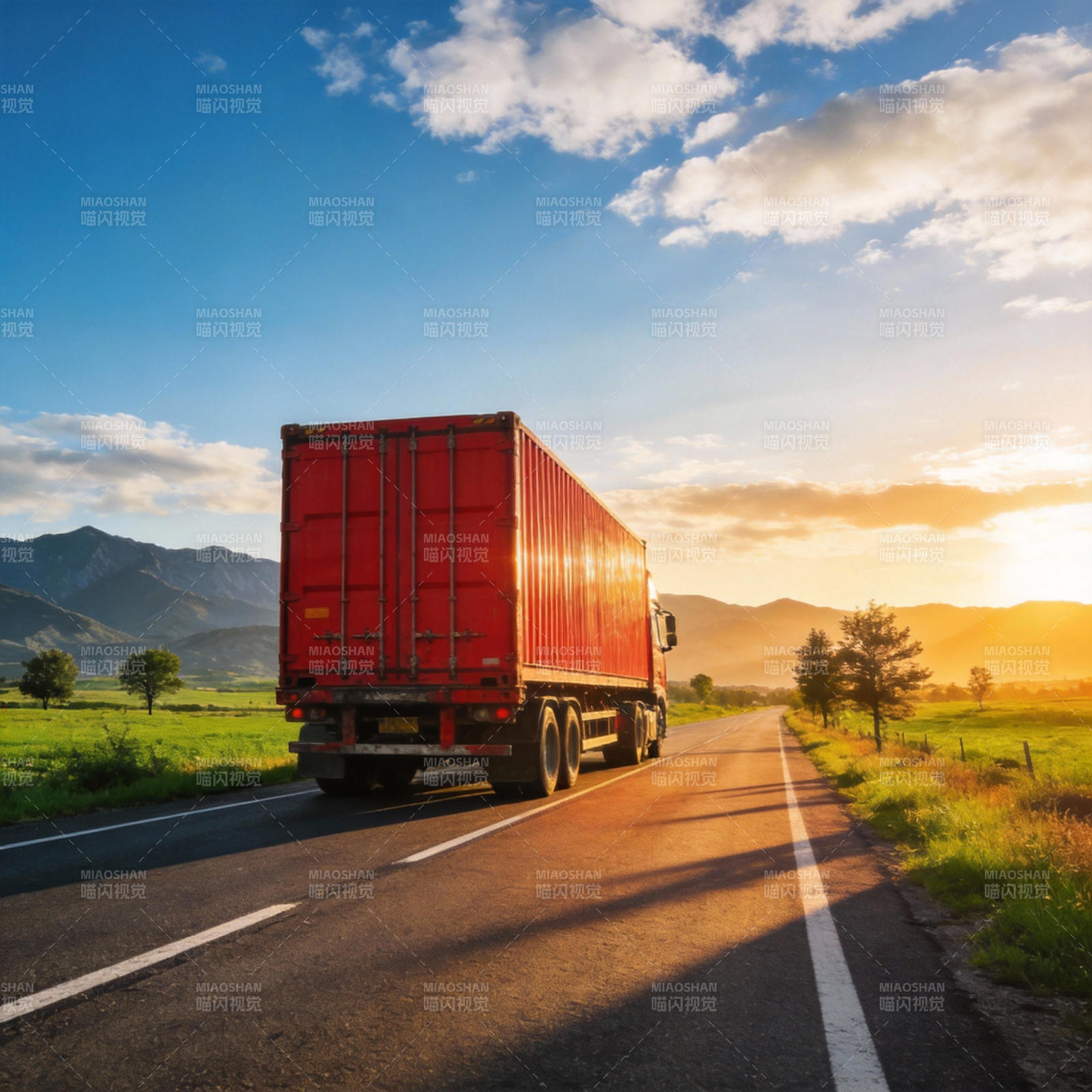 红货柜车驰骋乡间图片