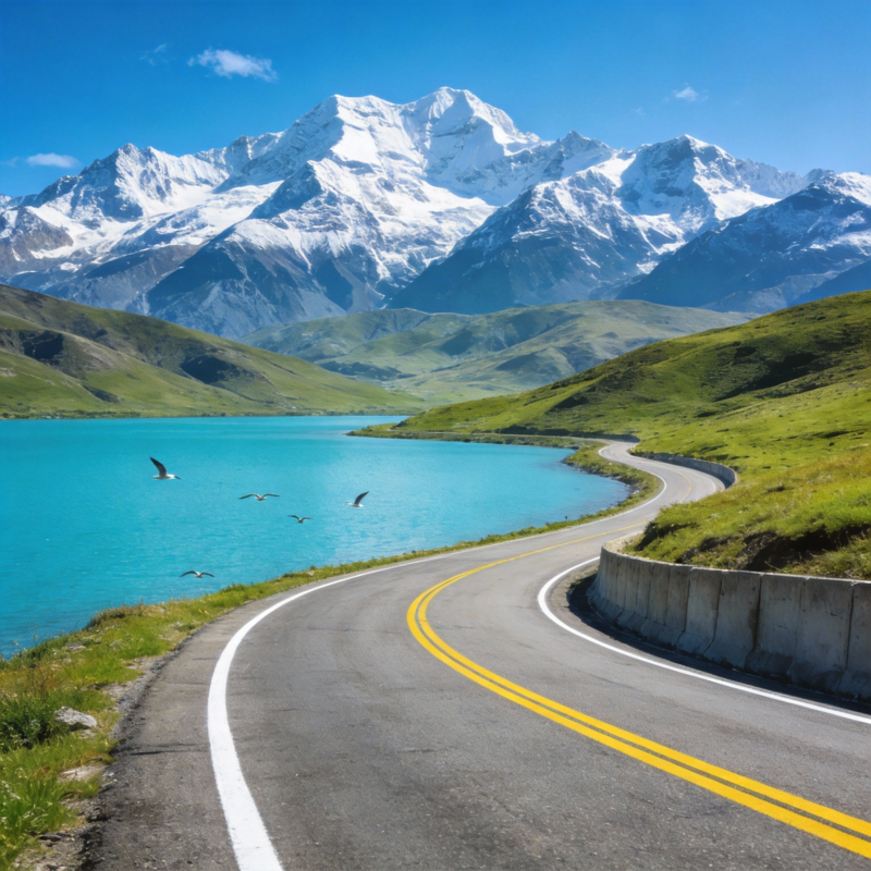 雪山湖畔公路图片