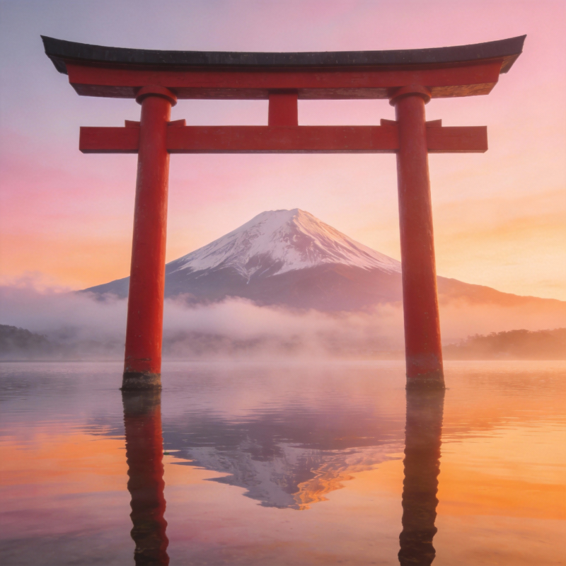 富士山前鸟居倒影图片