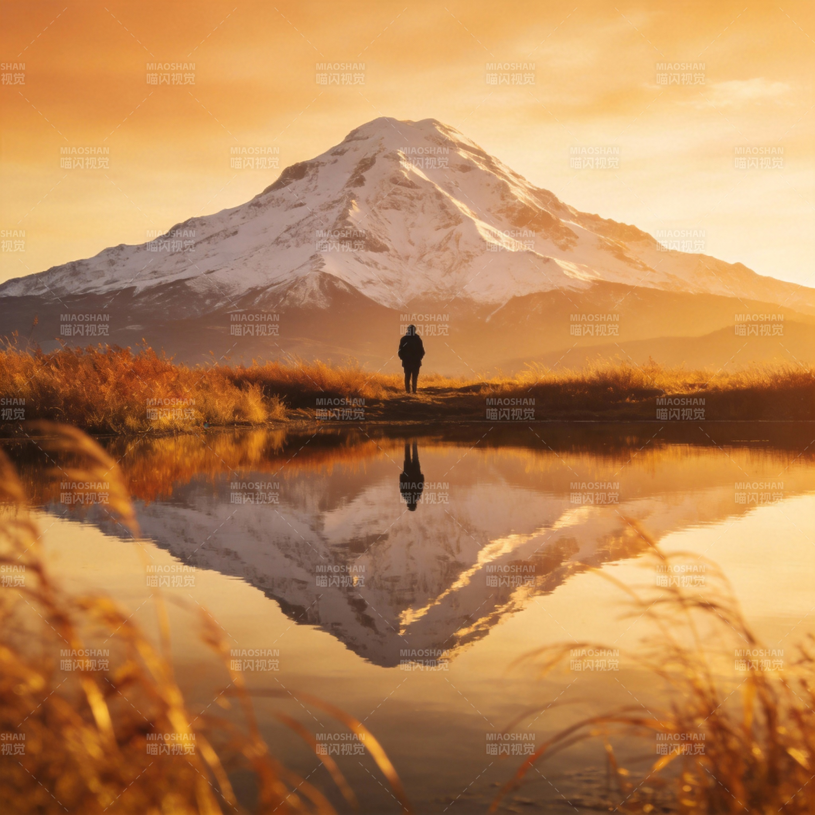 雪山倒影 一人独行图片