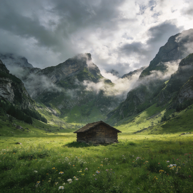 山间小屋云雾缭绕图片