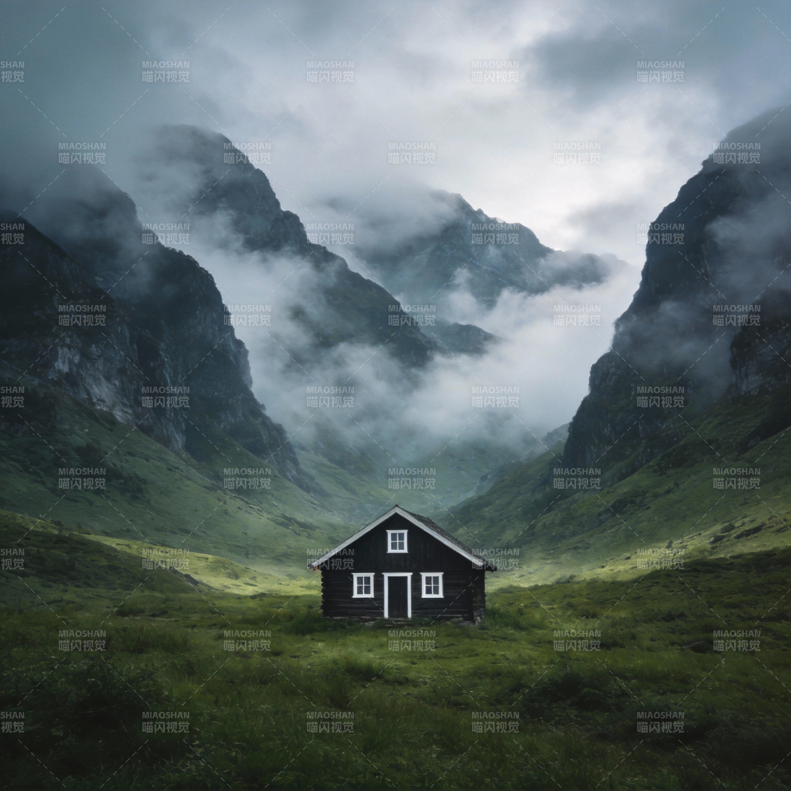 山间小屋云雾缭绕图片