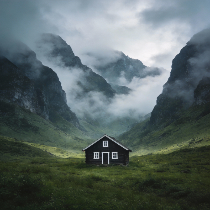 山间小屋云雾缭绕图片