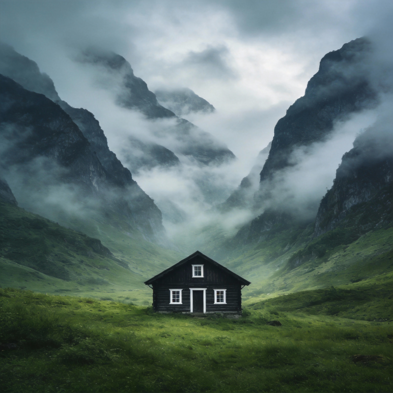 山间小屋云雾中图片