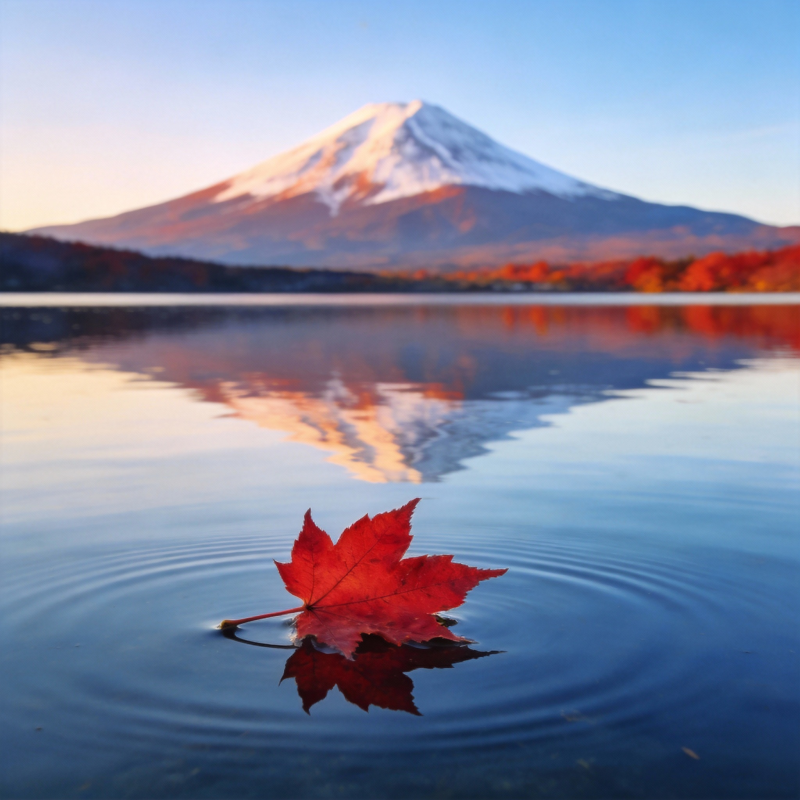 富士秋叶映湖光图片