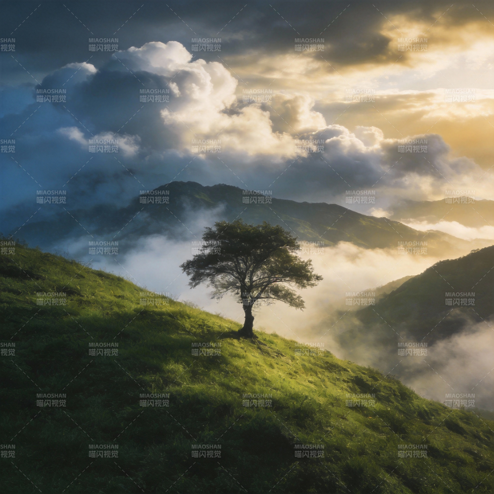 孤树云海晨光图片