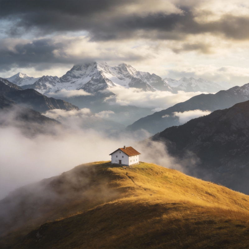 山巅孤屋云海间图片