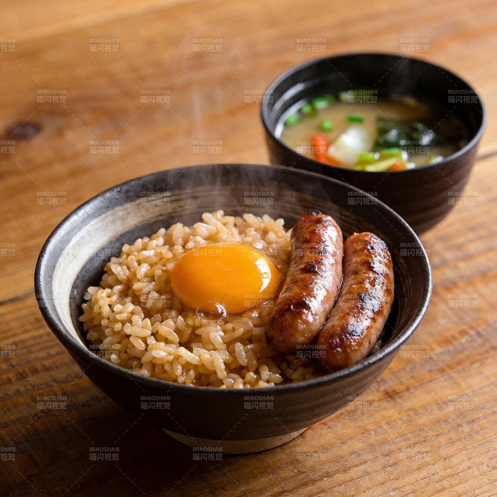 香肠蛋饭配味噌汤图片