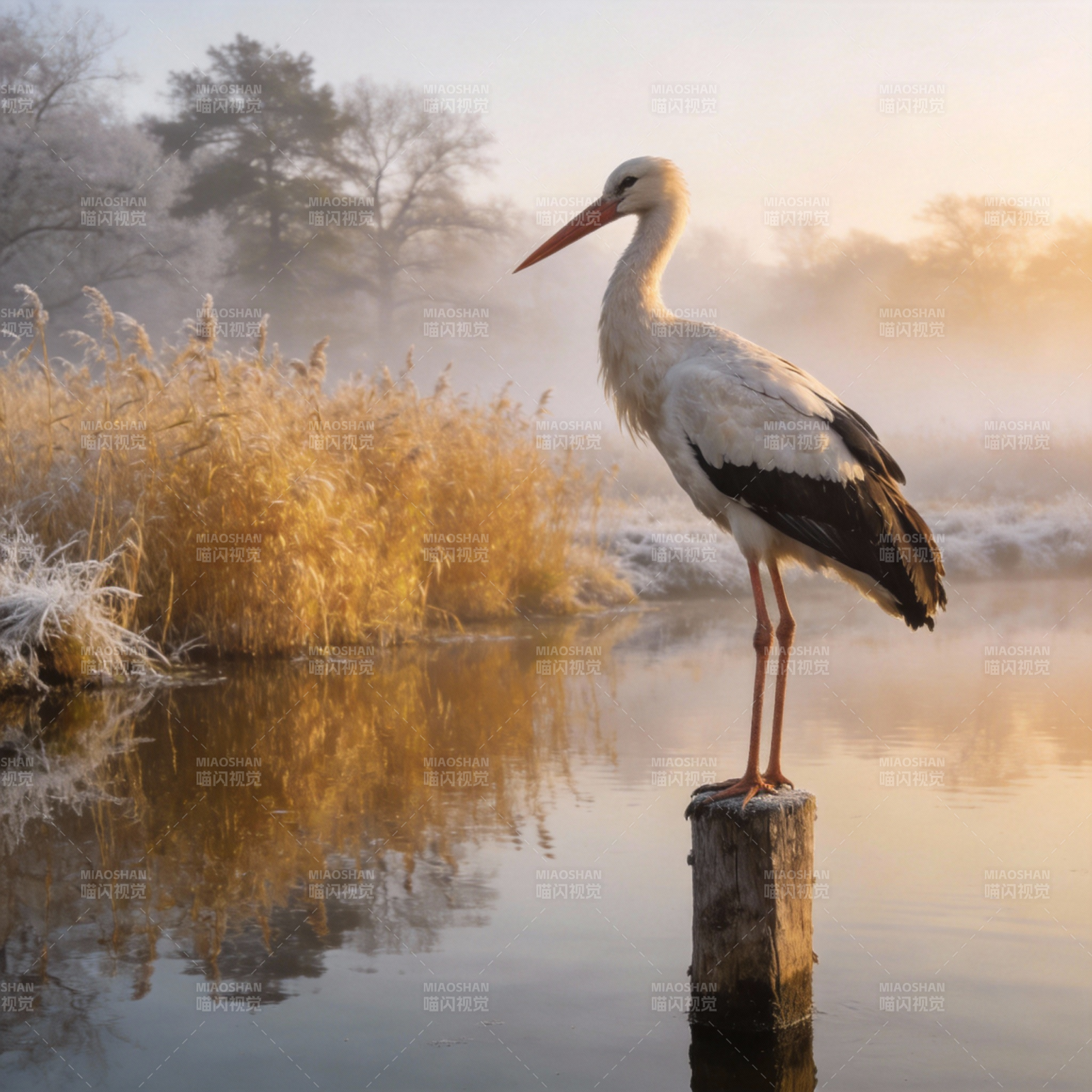 晨雾中的白鹳图片