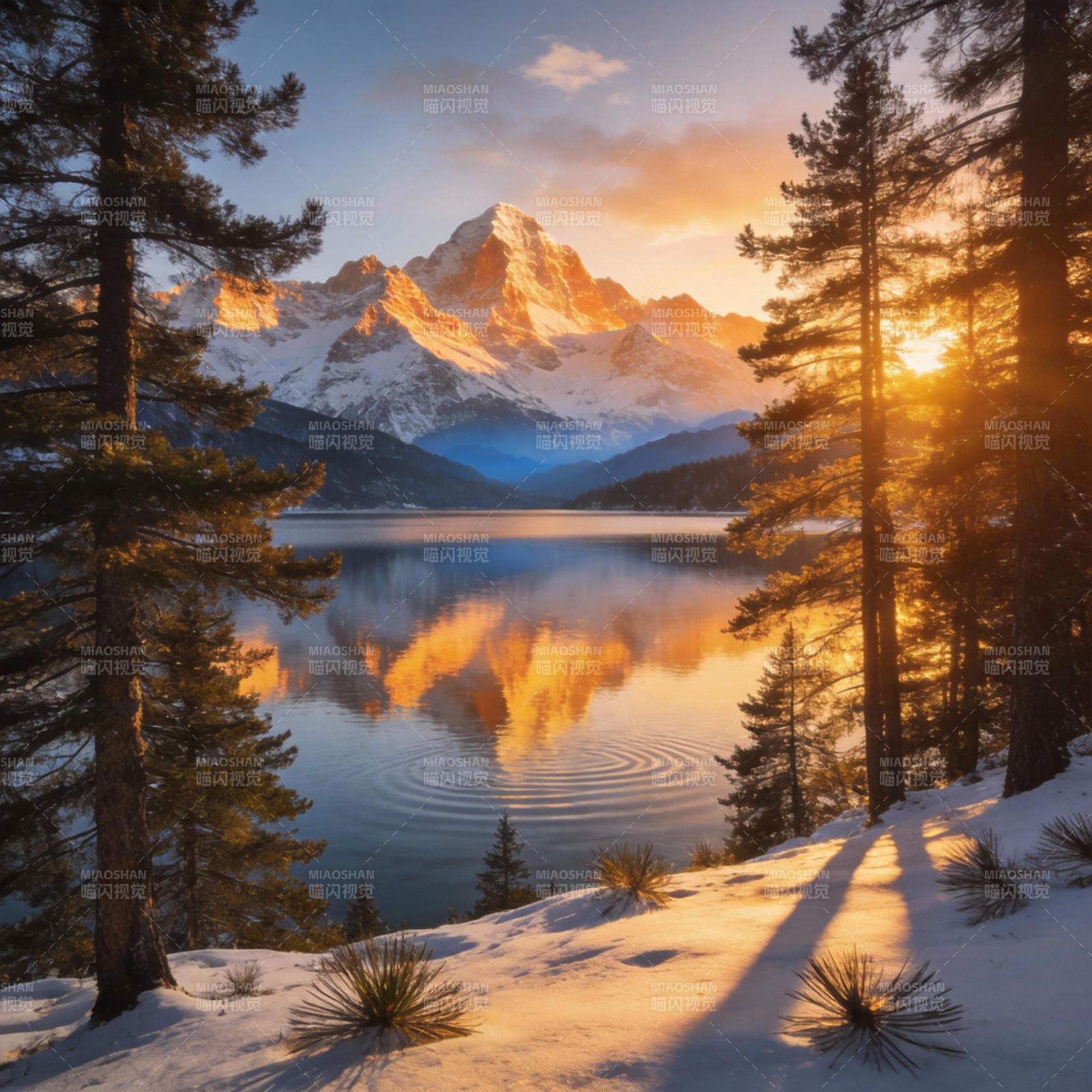 雪山湖畔晨曦图片