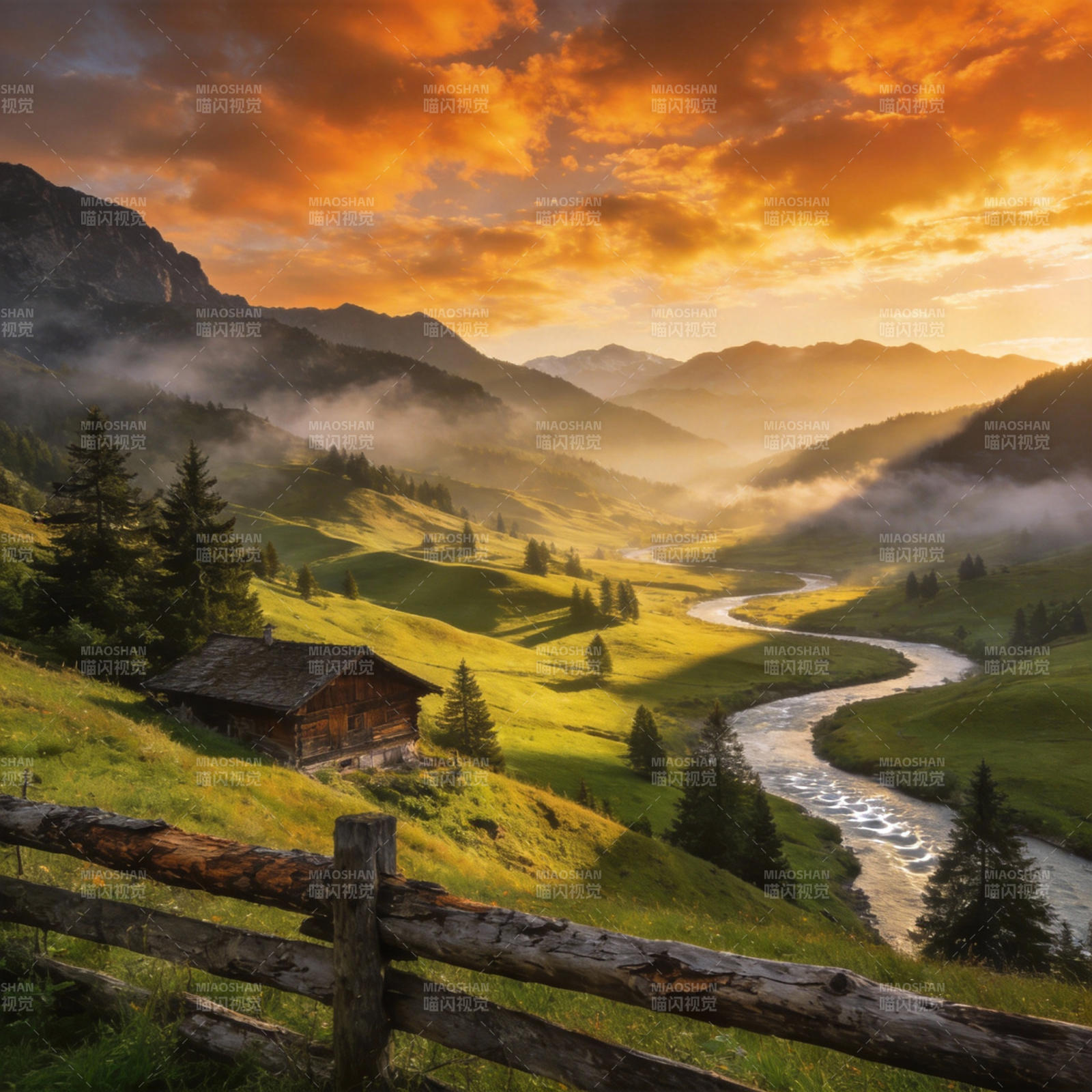 山间晨曦小屋图片