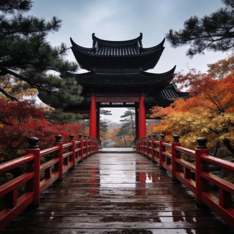 秋雨中的古桥门图片