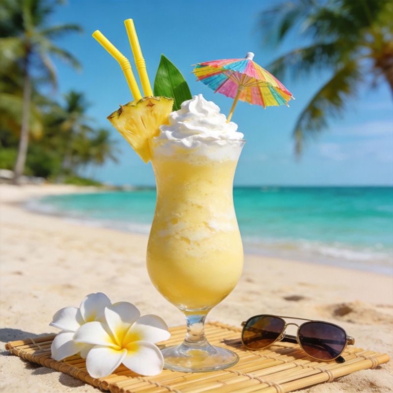 海滩上的菠萝椰奶昔图片