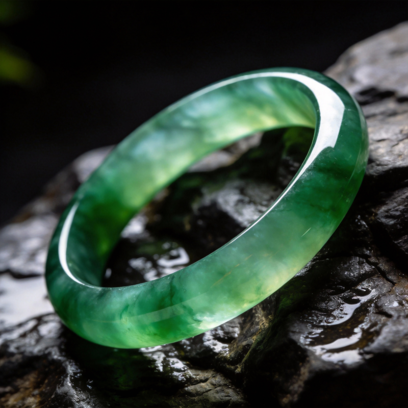 翠绿玉镯静卧石上图片