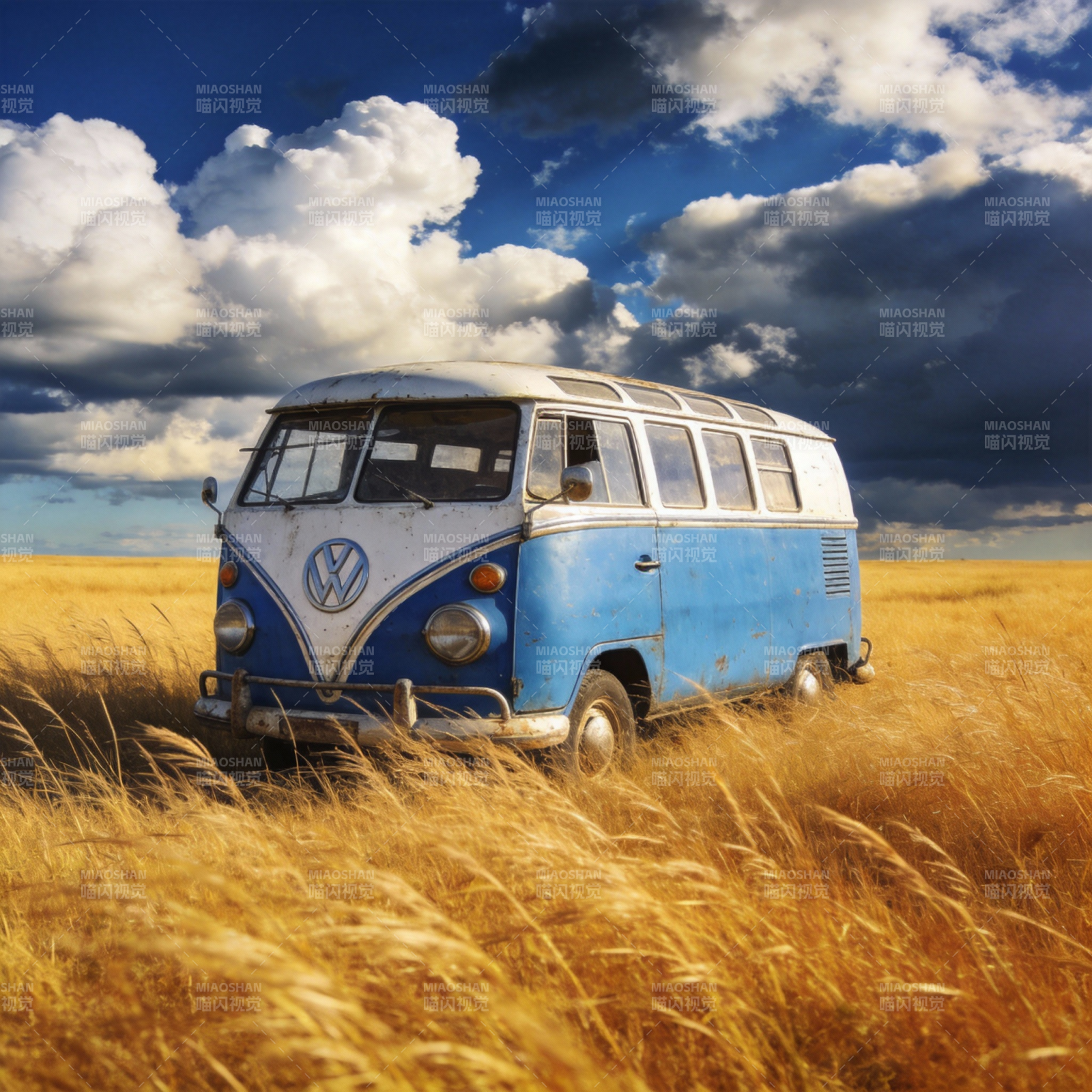 蓝白复古面包车图片