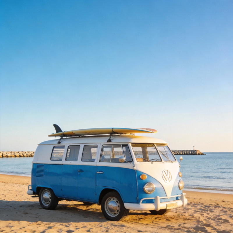 海边的蓝色复古面包车图片