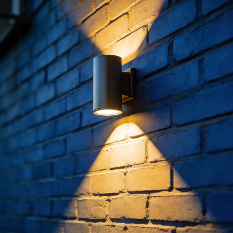 壁灯映照砖墙夜景图片