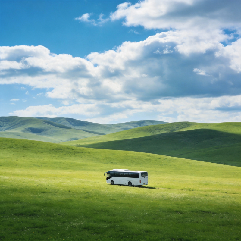 草原上的白色巴士图片